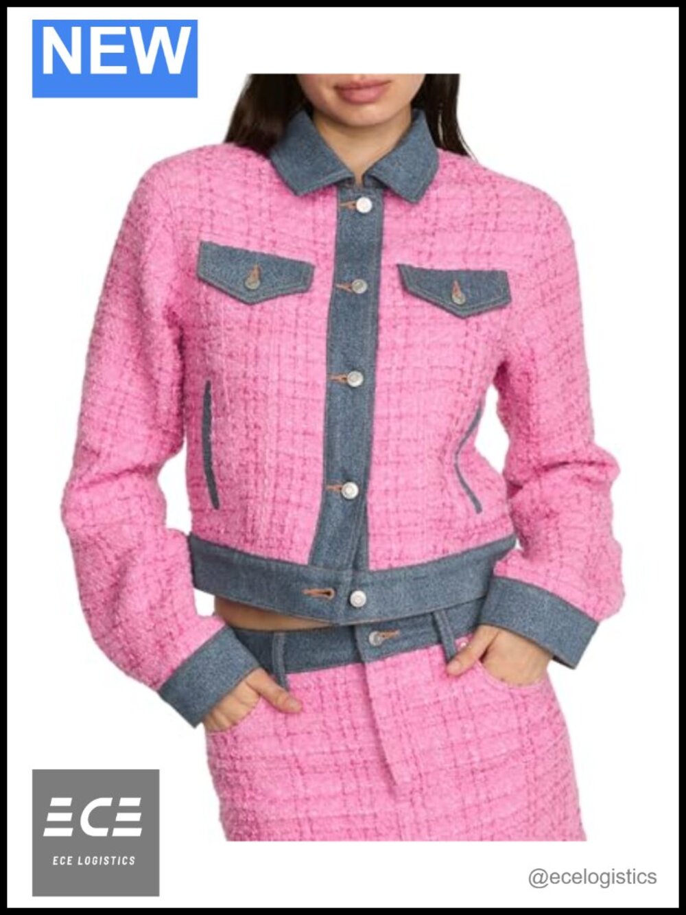 Tweed Denim Jacket Boxy Fit Button Front Collared